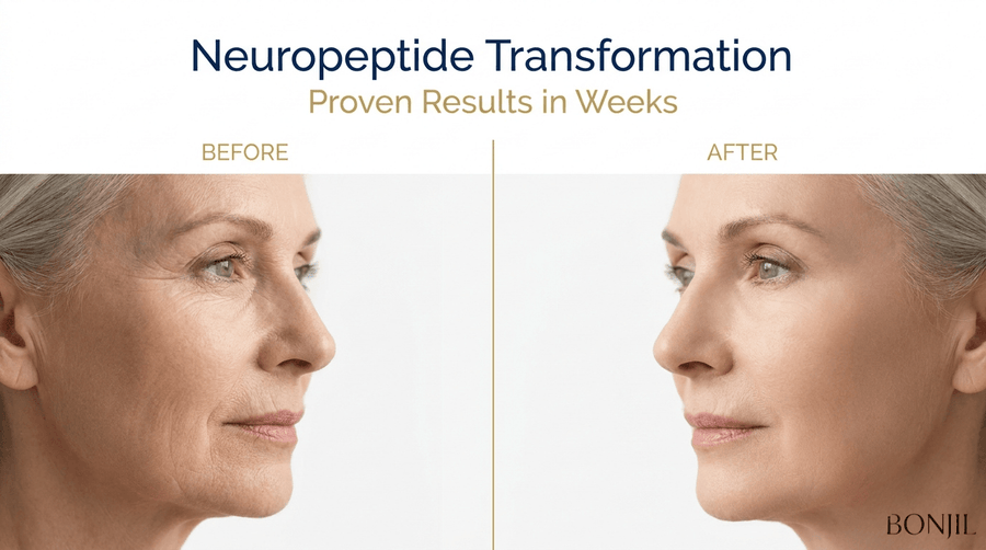 Neuropeptide cream before and after transformation showing visible skin smoothing and anti-aging results in weeks