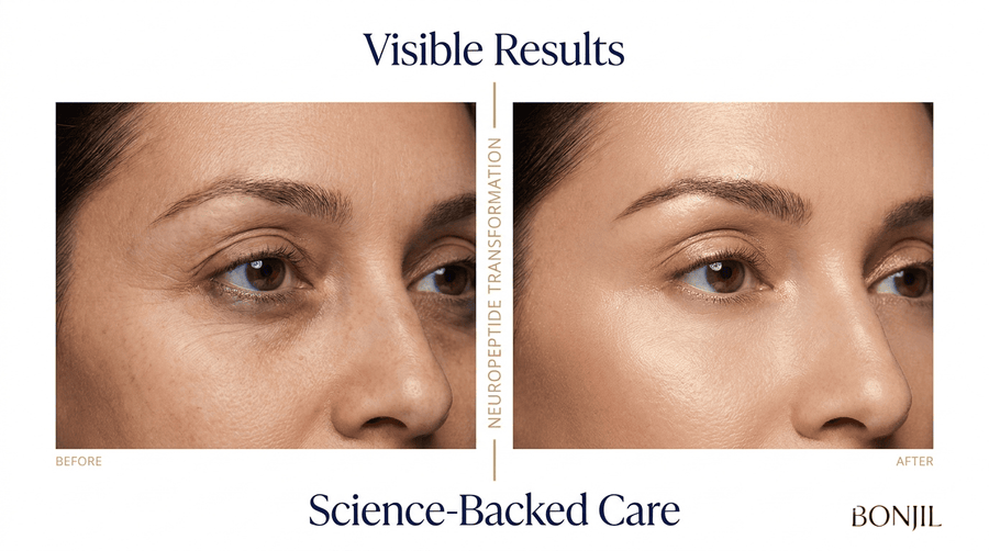Neuropeptide eye cream before and after results showing smoother, brighter, and more hydrated under eye skin with science-backed care