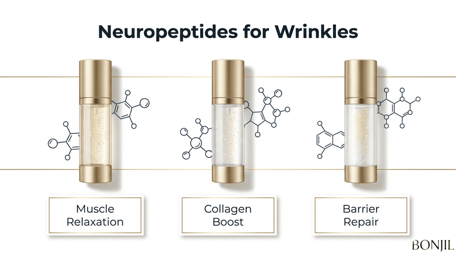 Neuropeptides for wrinkles skincare graphic showing muscle relaxation, collagen boost, and barrier repair benefits