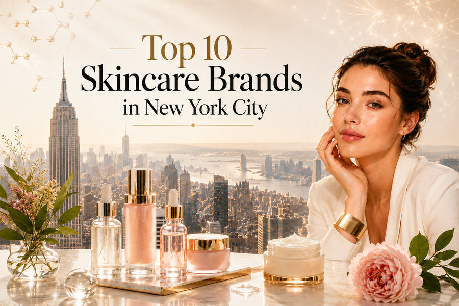 Top 10 Skincare Brands in New York City with luxury skincare bottles, cream jars, a glowing woman, and the NYC skyline in the background.