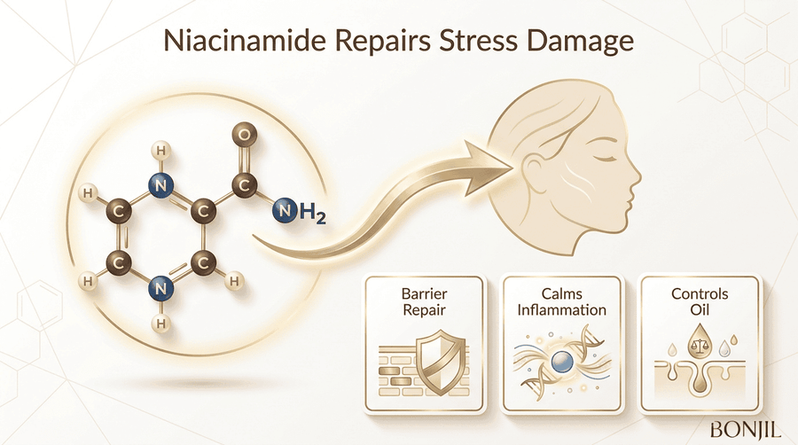 Niacinamide molecule showing how niacinamide repairs stress-damaged skin by strengthening the barrier, calming inflammation, and controlling oil.