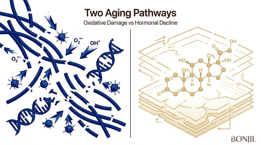 Comparison of two skin-aging pathways showing oxidative damage from free radicals and hormonal decline linked to cortisol changes.
