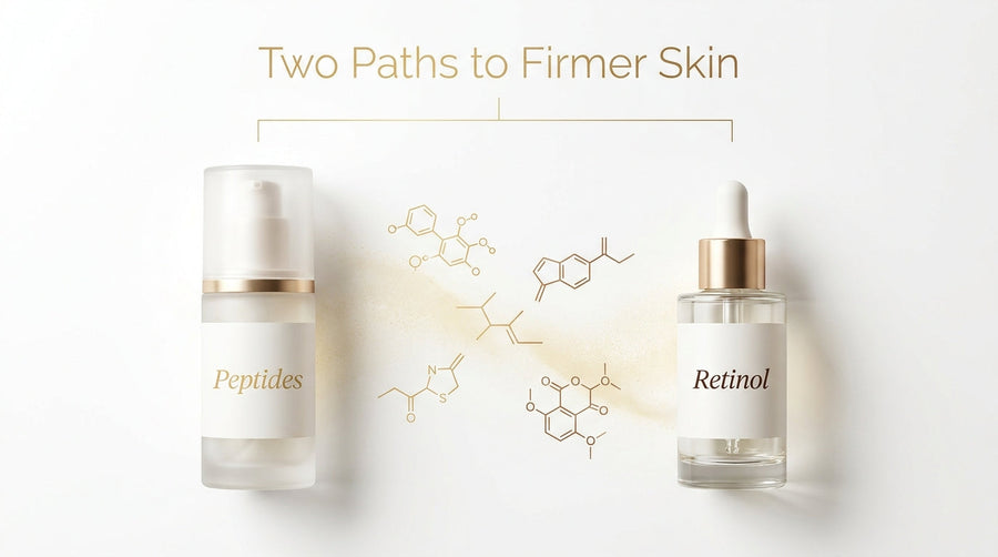Peptides and retinol skincare products shown as two paths to firmer skin with ingredient molecule illustrations