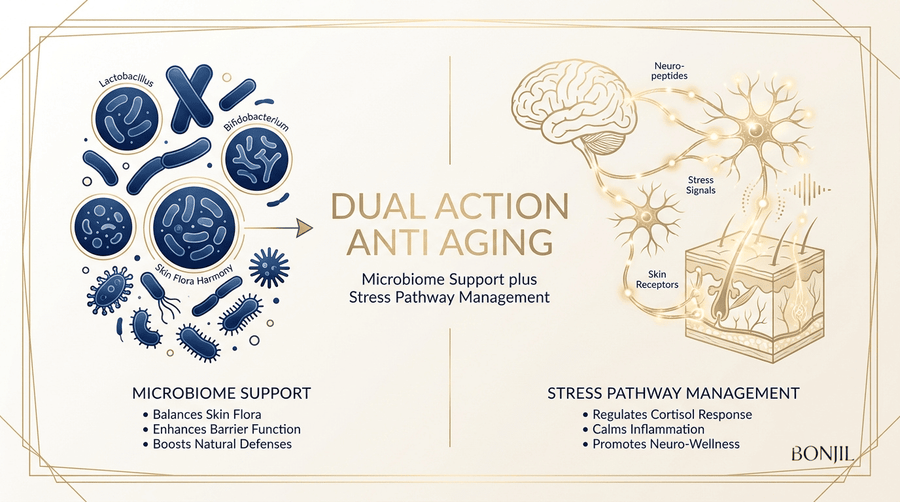 Dual action anti aging skincare infographic showing microbiome support and stress pathway management for healthier skin