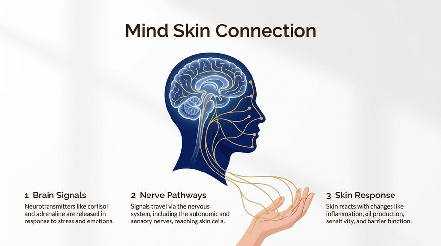 Mind skin connection infographic showing how brain signals, nerve pathways, and skin responses are linked through stress and emotional changes.