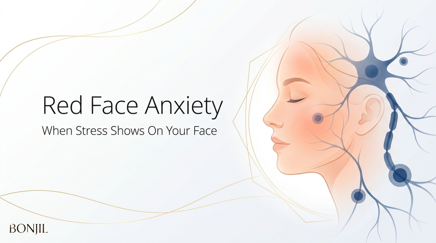 Red face anxiety hero graphic showing facial flushing linked to stress and nervous system response.
