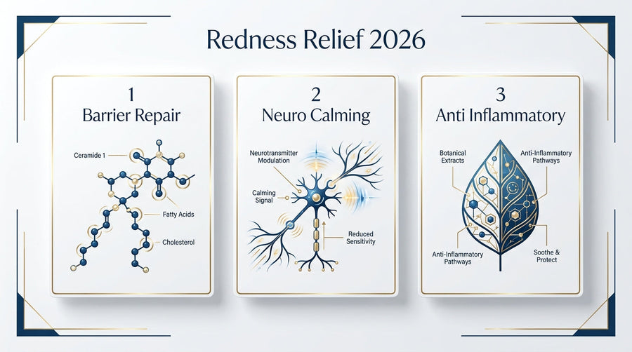Redness relief infographic showing three skincare approaches for sensitive skin