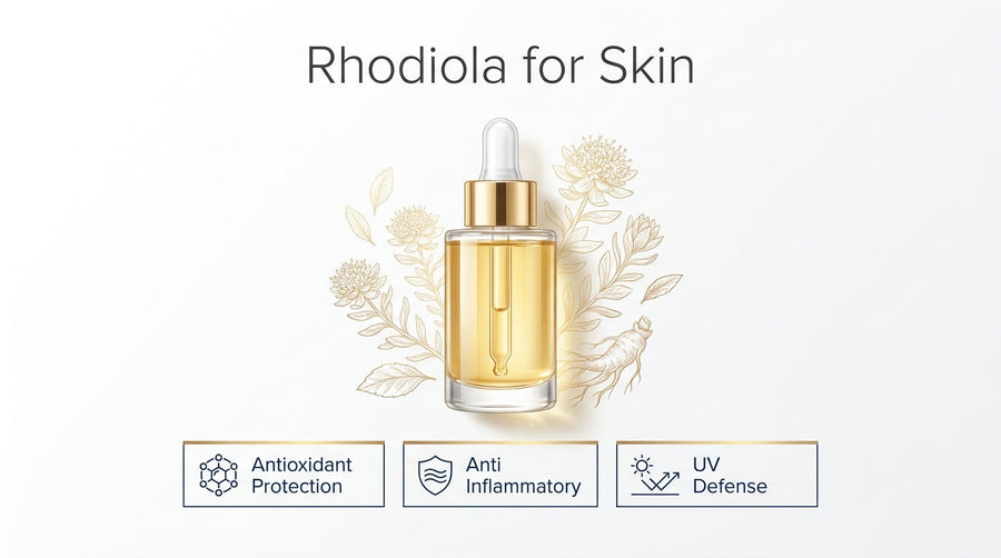 Rhodiola for skin infographic showing a skincare serum with antioxidant protection, anti-inflammatory benefits, and UV defense properties.
