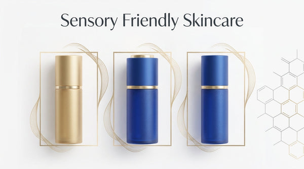 Sensory friendly skincare infographic showing minimalist skincare containers designed for a gentle and comfortable user experience.