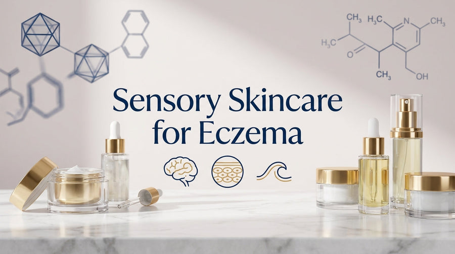 Sensory skincare products for eczema featuring neurocosmetic concepts, skin barrier support, and calming skincare rituals