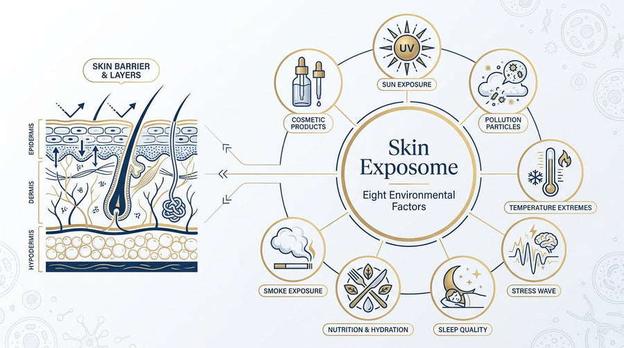 Skin exposome infographic showing environmental factors affecting skin health, including UV exposure, pollution, temperature extremes, stress, sleep, nutrition, smoke, and cosmetic products.
