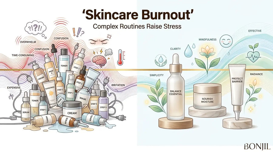 Skincare burnout comparison showing complex product routines versus a simplified mindful skincare approach