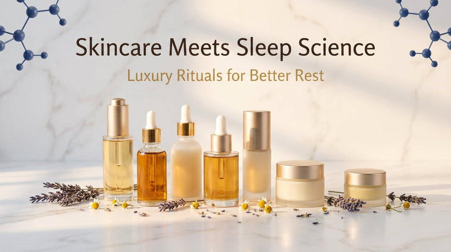 Luxury skincare products highlighting a nighttime routine for better sleep