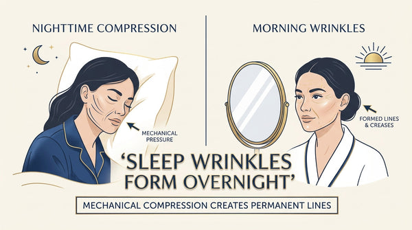 Sleep wrinkles infographic showing nighttime facial compression from pillows and morning wrinkle formation caused by mechanical pressure.