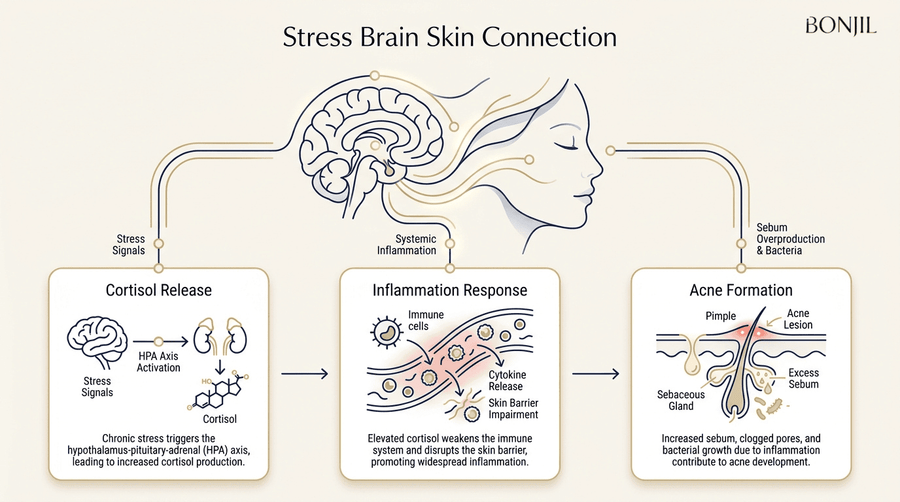Stress brain skin connection infographic showing how cortisol release, inflammation response, and sebum overproduction contribute to acne formation.