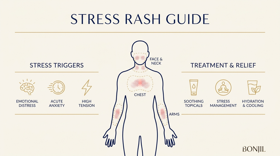 Stress rash guide infographic showing common stress triggers, rash areas on the face, neck, chest, and arms, plus treatment and relief options.