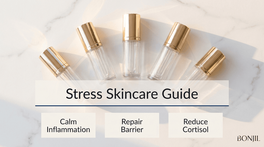 Stress skincare guide cover with luxury serum bottles and benefits for calming inflammation, repairing barrier, and reducing cortisol
