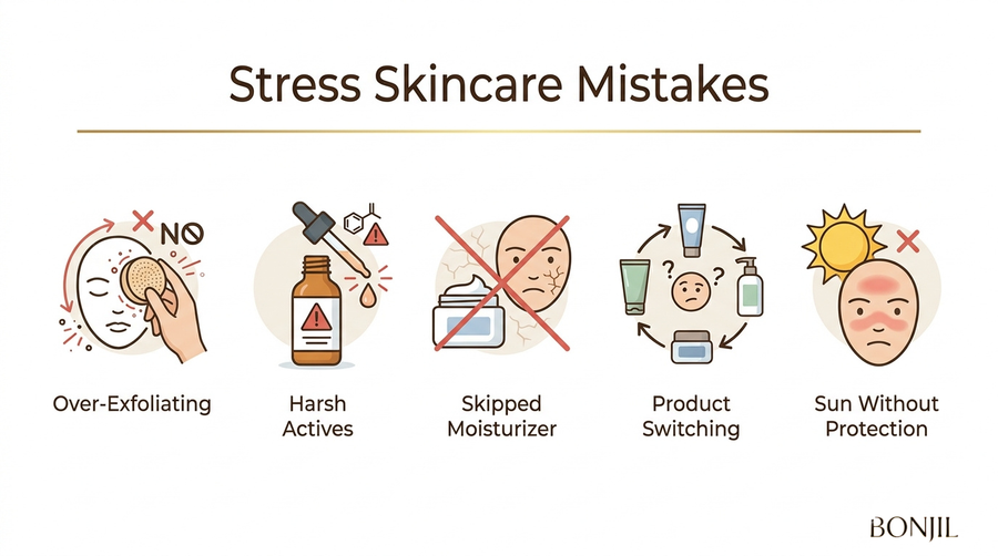 Common stress skincare mistakes, including over-exfoliating, harsh actives, skipping moisturizer, product switching, and avoiding sun protection.