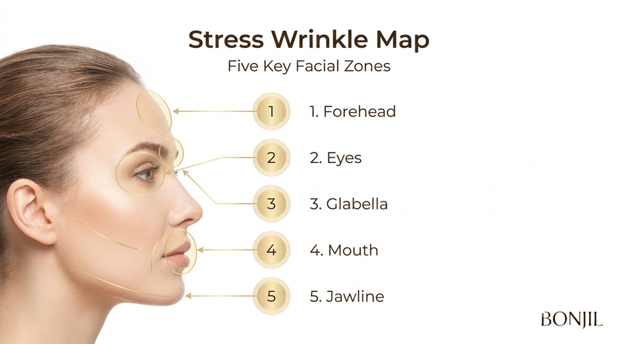 Facial map showing stress wrinkle zones on the forehead, eyes, glabella, mouth, and jawline.