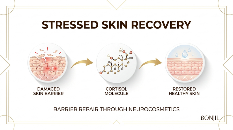 Stressed skin recovery infographic showing damaged skin barrier, cortisol molecule, and restored healthy skin through neurocosmetics.