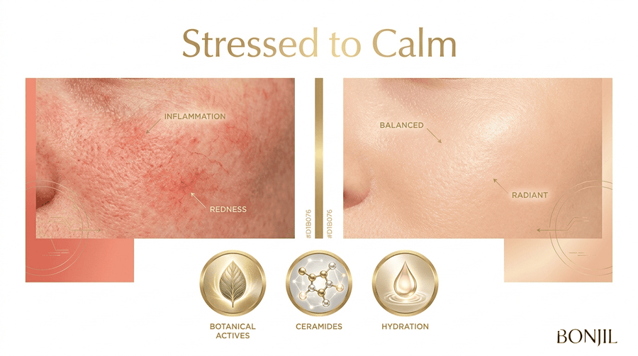 Stressed skin to calm skin transformation showing redness and inflammation improved with botanical actives, ceramides, and hydration