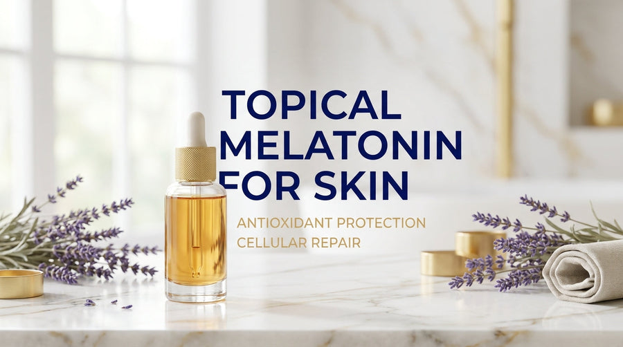 Topical melatonin for skin infographic showing a skincare serum with antioxidant protection and cellular repair benefits.