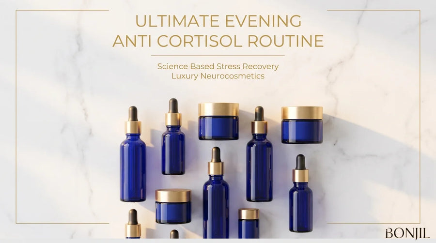 Evening anti-cortisol skincare routine featuring restorative serums, creams, and neurocosmetic products