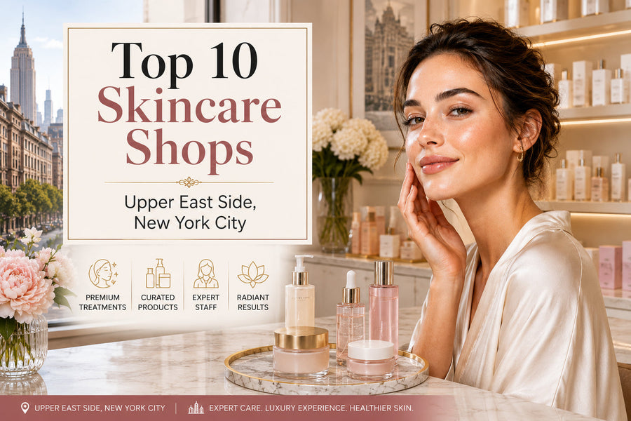Featured image for top 10 skincare shops in Upper East Side, New York City, showing luxury skincare products, a glowing woman, and a bright boutique spa interior.