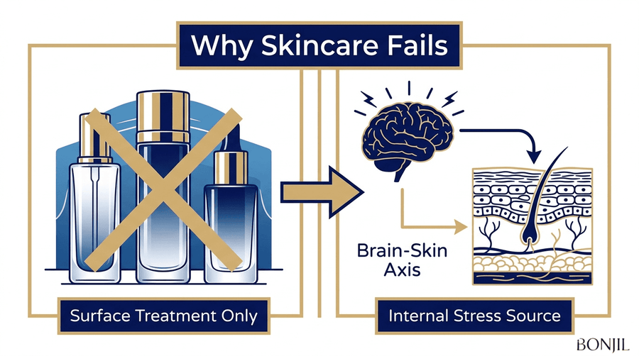 Why skincare fails infographic showing surface-only topical treatment versus internal stress sources through the brain-skin axis and cortisol-related skin damage.
